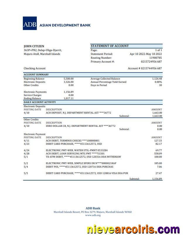 Marshall Islands ADB bank statement xls